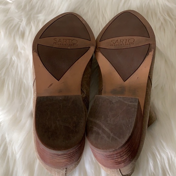 Franco Sarto Tan Suede Booties Wooden Heel Size 9.5 - Picture 5 of 11